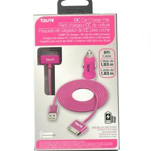 Tzumi DC Car Charge Pak Charger 6ft Mesh 30-Pin USB Connector Pink NEW For Apple